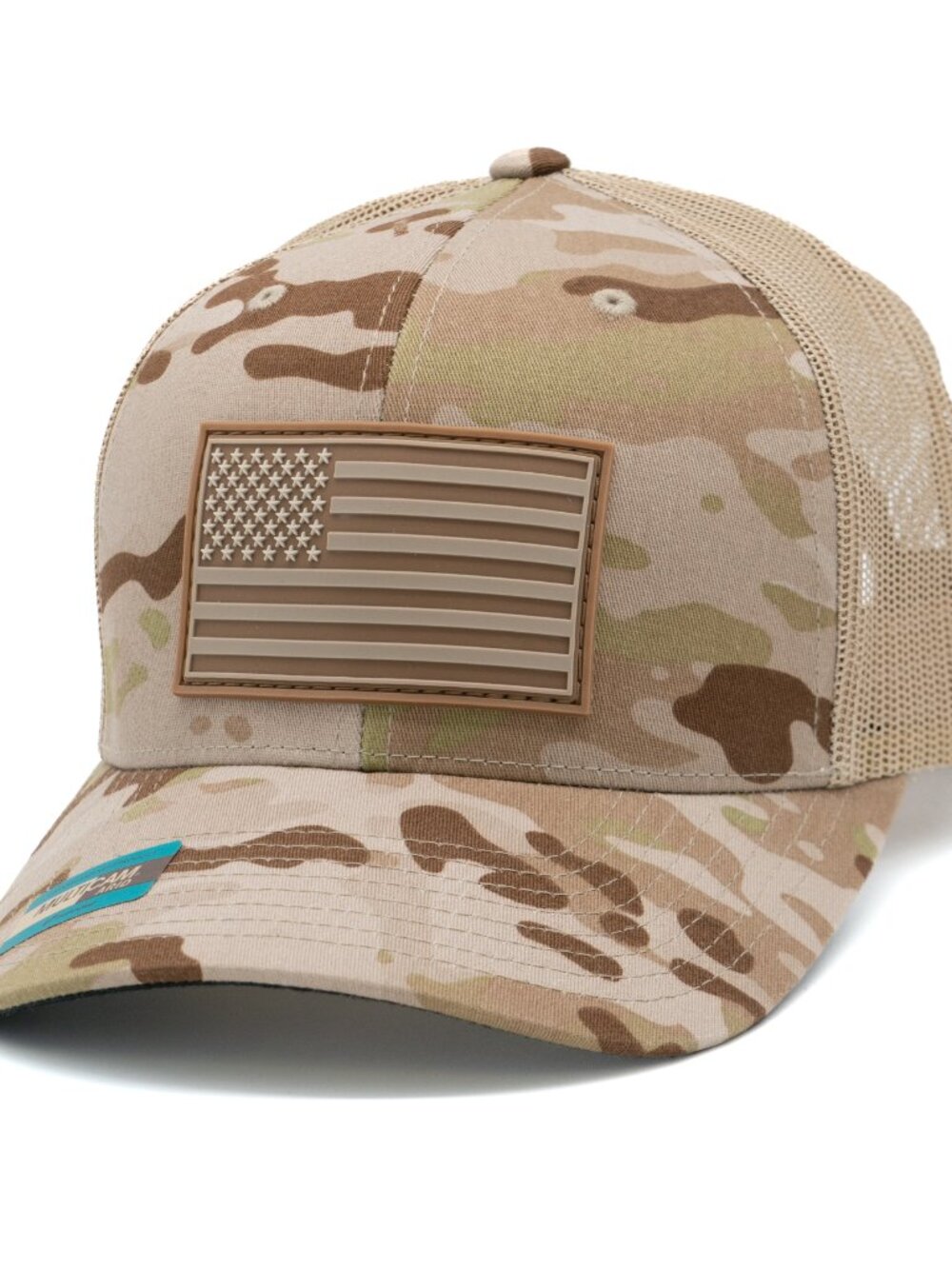 Yupoong Multicam Snapback Trucker Hat PVC American Flag Patch Camo Mesh